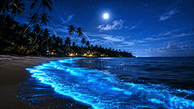 Moonlit bioluminescent waves washing onto a tropical beach