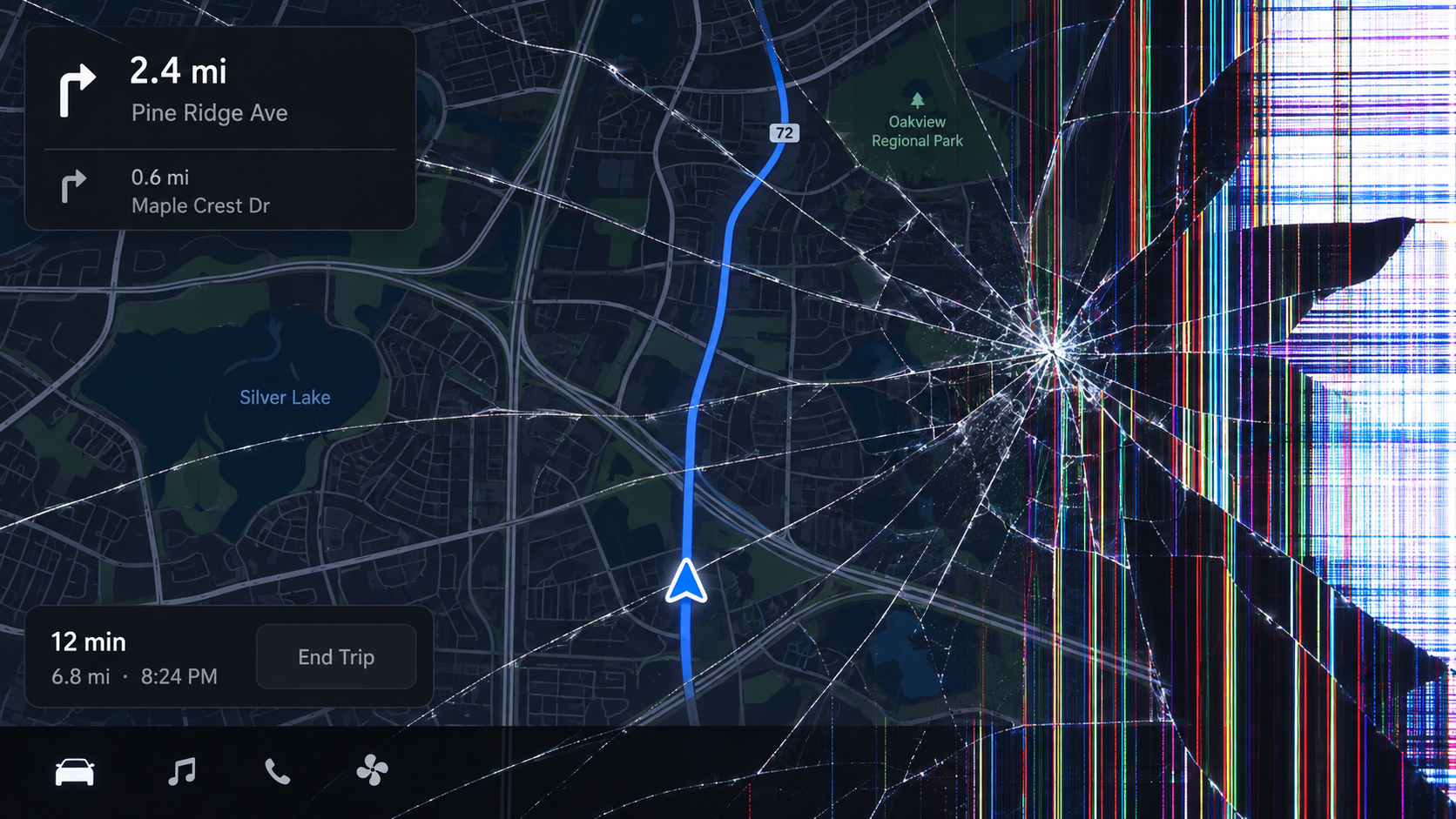 Fictional dark navigation map beneath a cracked display effect