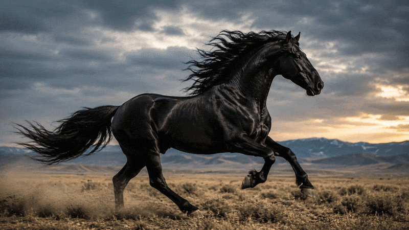 A black horse running freely across an open landscape